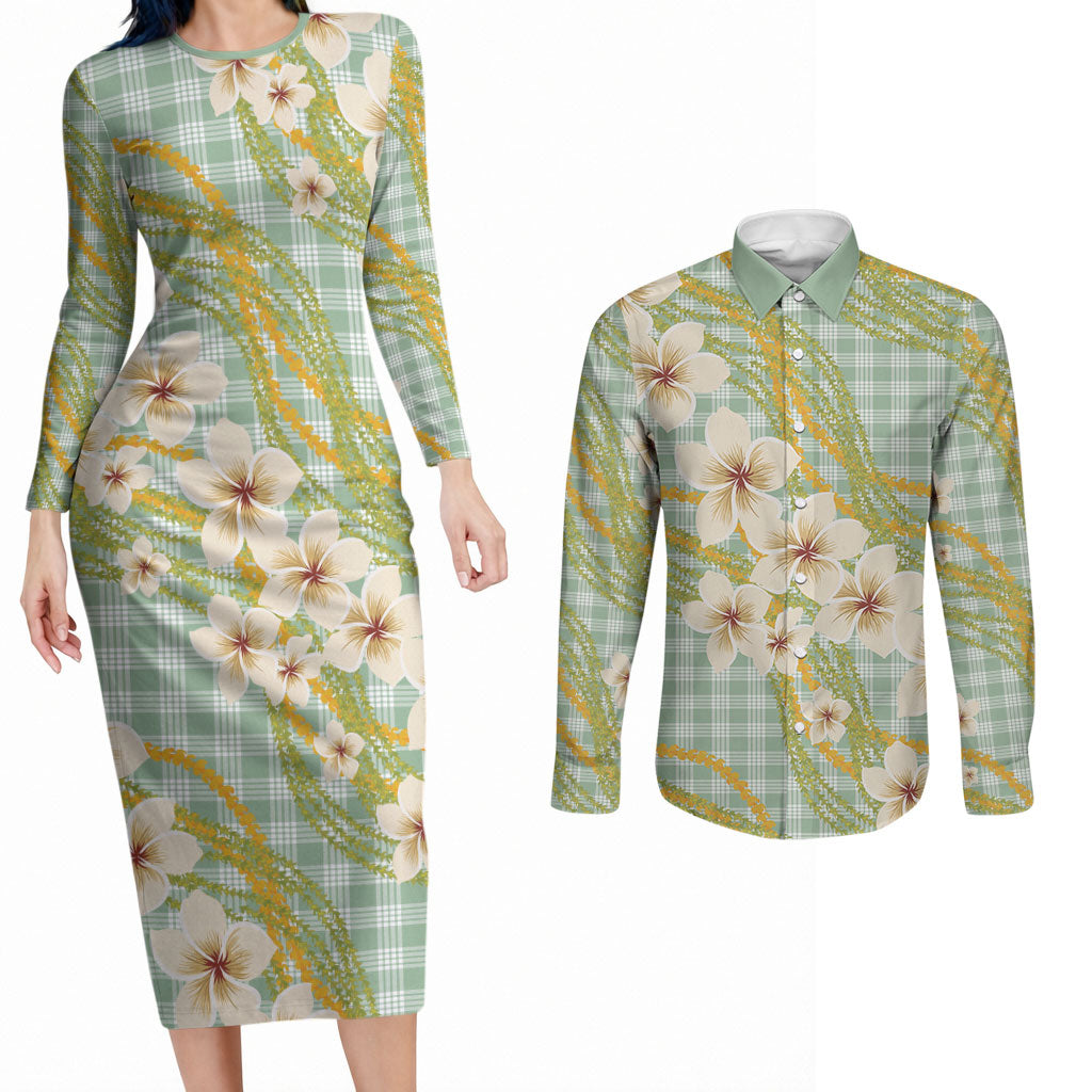 Liko Kukui Hawai'i Palaka Plumeria Couples Matching Long Sleeve Bodycon Dress and Long Sleeve Button Shirt Puakenikeni and Maile Lei