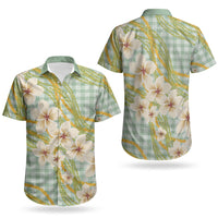 Liko Kukui Hawai'i Palaka Plumeria Couples Matching Mermaid Dress and Hawaiian Shirt Puakenikeni and Maile Lei