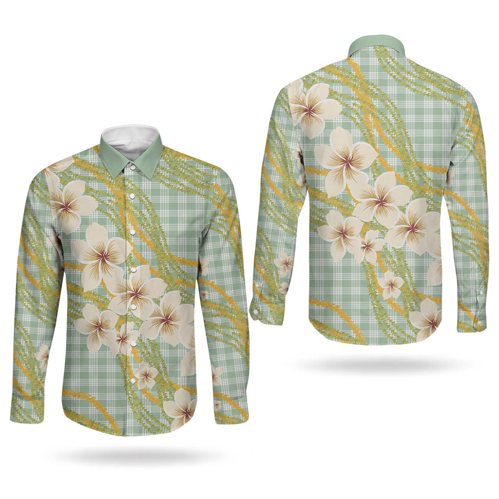 Liko Kukui Hawai'i Palaka Plumeria Couples Matching Off Shoulder Short Dress and Long Sleeve Button Shirt Puakenikeni and Maile Lei