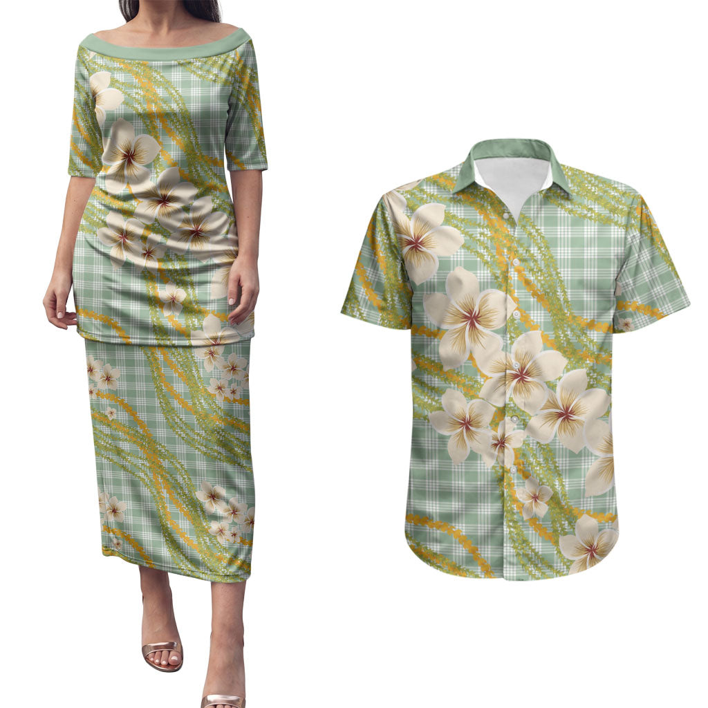 Liko Kukui Hawai'i Palaka Plumeria Couples Matching Puletasi and Hawaiian Shirt Puakenikeni and Maile Lei