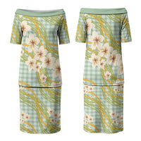 Liko Kukui Hawai'i Palaka Plumeria Couples Matching Puletasi and Long Sleeve Button Shirt Puakenikeni and Maile Lei