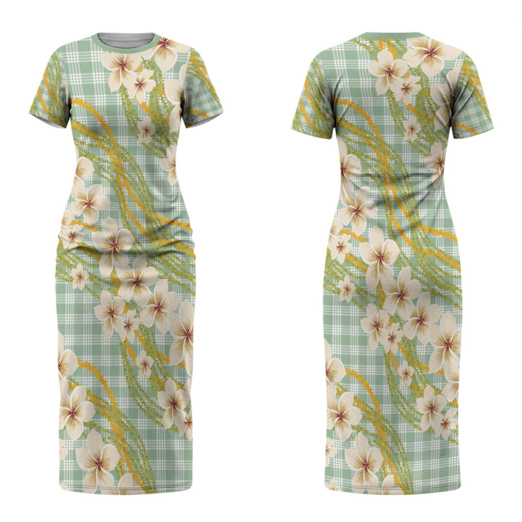 Liko Kukui Hawai'i Palaka Plumeria Couples Matching Short Sleeve Bodycon Dress and Hawaiian Shirt Puakenikeni and Maile Lei
