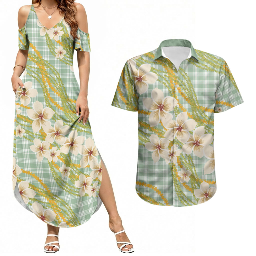 Liko Kukui Hawai'i Palaka Plumeria Couples Matching Summer Maxi Dress and Hawaiian Shirt Puakenikeni and Maile Lei