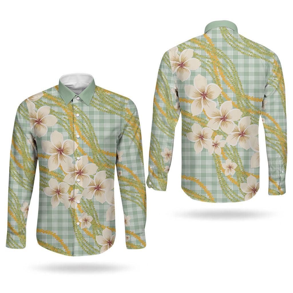 Liko Kukui Hawai'i Palaka Plumeria Couples Matching Summer Maxi Dress and Long Sleeve Button Shirt Puakenikeni and Maile Lei