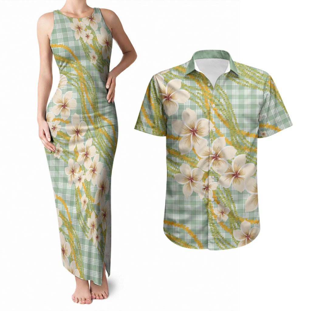 Liko Kukui Hawai'i Palaka Plumeria Couples Matching Tank Maxi Dress and Hawaiian Shirt Puakenikeni and Maile Lei LT9 Sage Green - Polynesian Pride