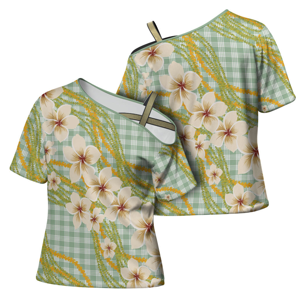 Liko Kukui Hawai'i Palaka Plumeria Cross Shoulder Shirt Puakenikeni and Maile Lei