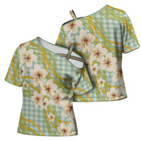 Liko Kukui Hawai'i Palaka Plumeria Cross Shoulder Shirt Puakenikeni and Maile Lei