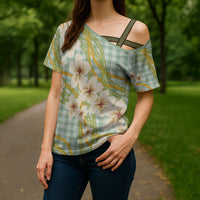 Liko Kukui Hawai'i Palaka Plumeria Cross Shoulder Shirt Puakenikeni and Maile Lei