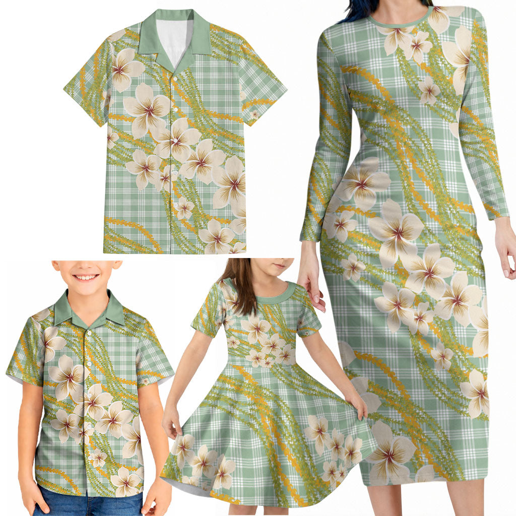 Liko Kukui Hawai'i Palaka Plumeria Family Matching Long Sleeve Bodycon Dress and Hawaiian Shirt Puakenikeni and Maile Lei