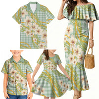 Liko Kukui Hawai'i Palaka Plumeria Family Matching Mermaid Dress and Hawaiian Shirt Puakenikeni and Maile Lei