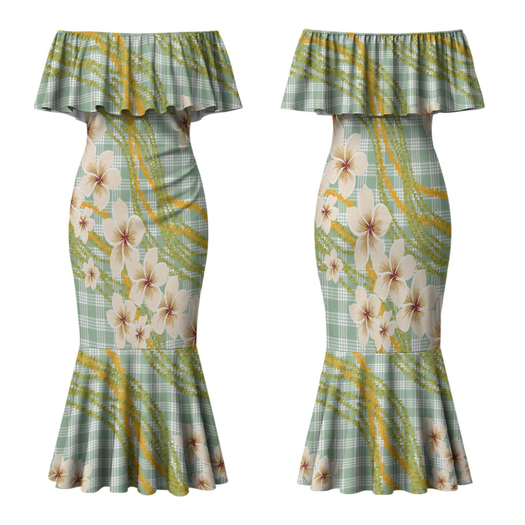 Liko Kukui Hawai'i Palaka Plumeria Family Matching Mermaid Dress and Hawaiian Shirt Puakenikeni and Maile Lei