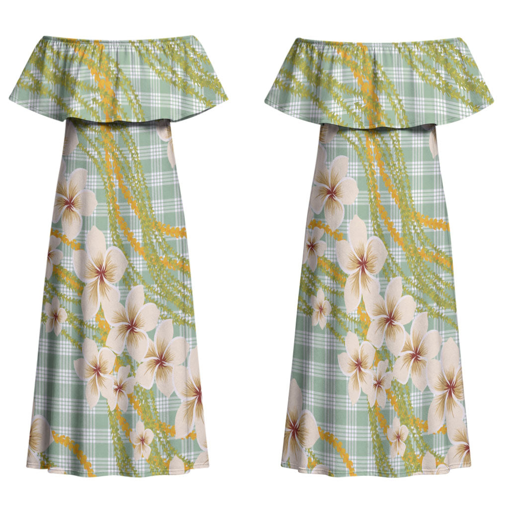 Liko Kukui Hawai'i Palaka Plumeria Family Matching Off Shoulder Maxi Dress and Hawaiian Shirt Puakenikeni and Maile Lei