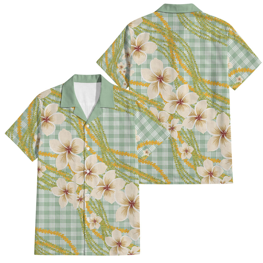 Liko Kukui Hawai'i Palaka Plumeria Family Matching Off Shoulder Maxi Dress and Hawaiian Shirt Puakenikeni and Maile Lei