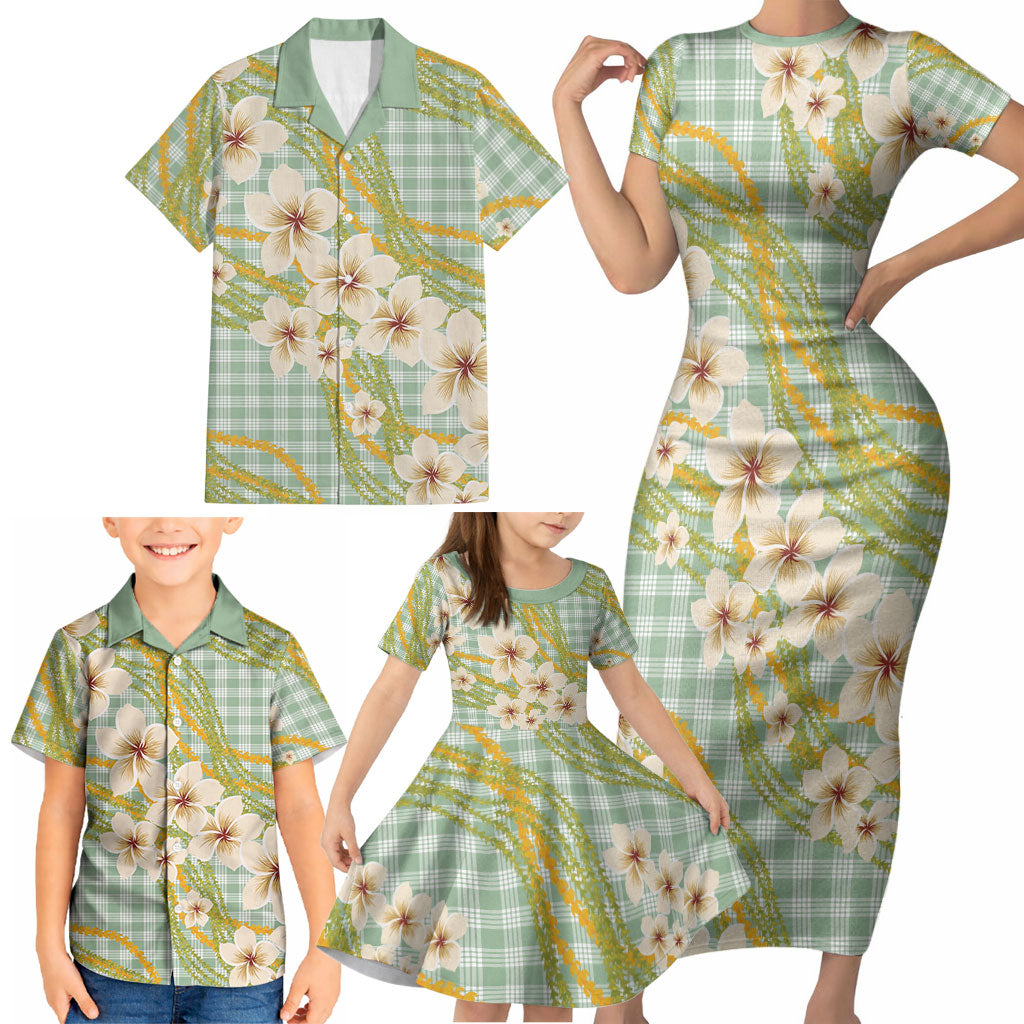 Liko Kukui Hawai'i Palaka Plumeria Family Matching Short Sleeve Bodycon Dress and Hawaiian Shirt Puakenikeni and Maile Lei