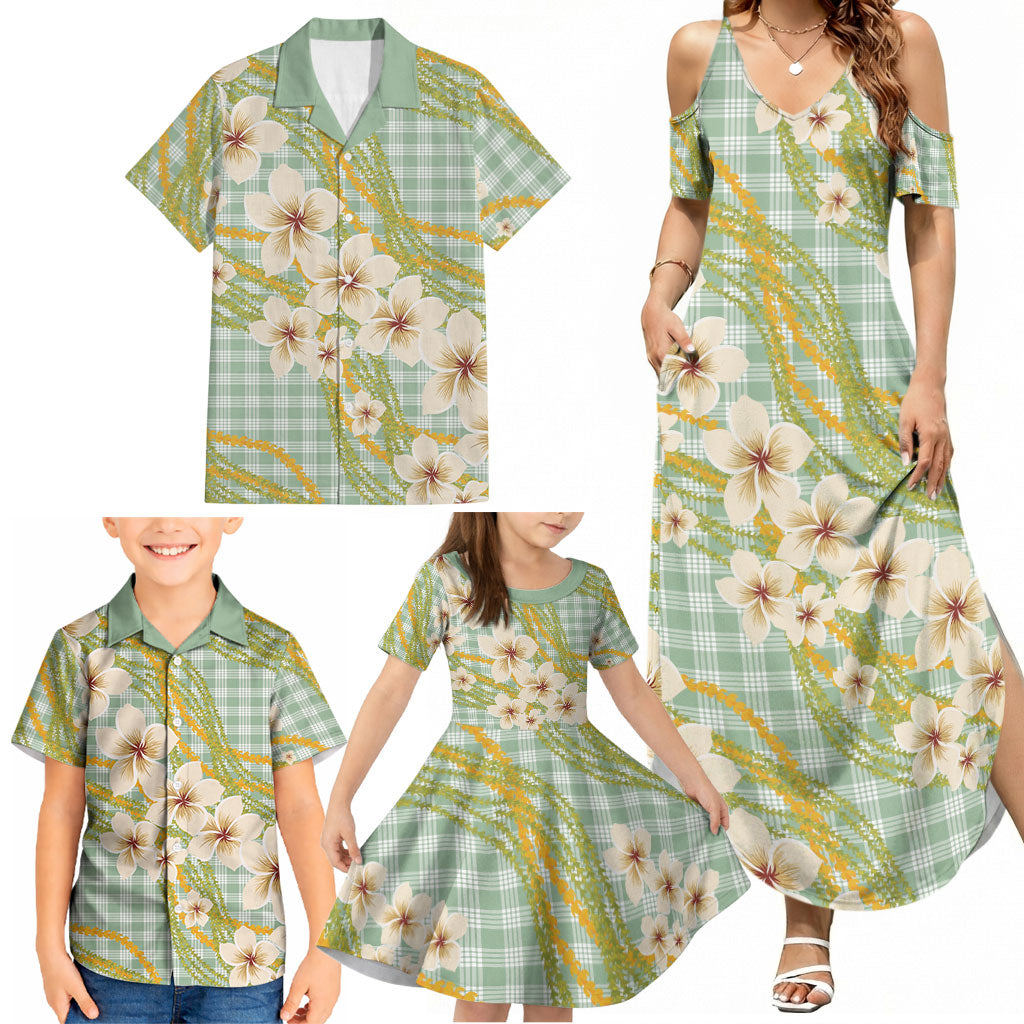 Liko Kukui Hawai'i Palaka Plumeria Family Matching Summer Maxi Dress and Hawaiian Shirt Puakenikeni and Maile Lei