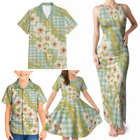 Liko Kukui Hawai'i Palaka Plumeria Family Matching Tank Maxi Dress and Hawaiian Shirt Puakenikeni and Maile Lei