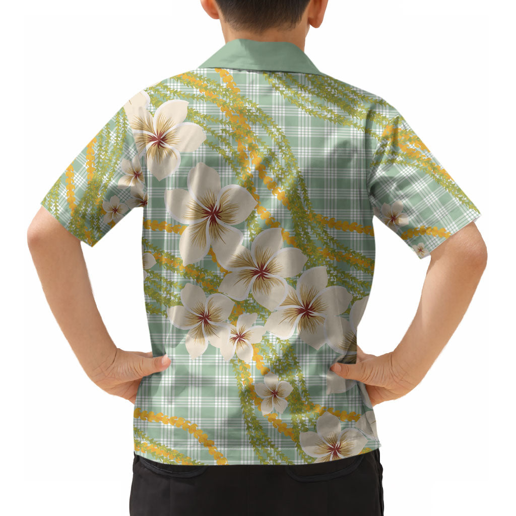 Liko Kukui Hawai'i Palaka Plumeria Kid Hawaiian Shirt Puakenikeni and Maile Lei