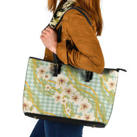 Liko Kukui Hawai'i Palaka Plumeria Leather Tote Bag Puakenikeni and Maile Lei