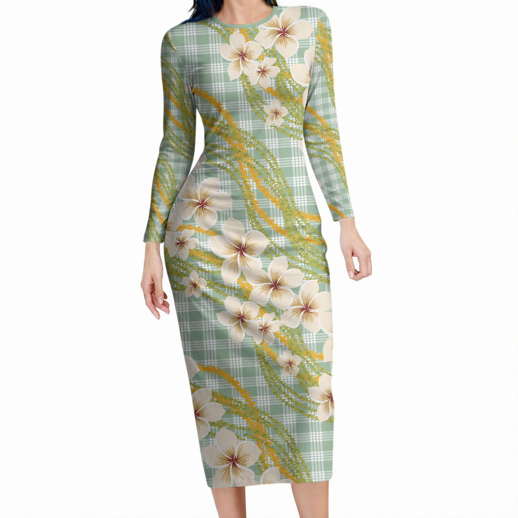 Liko Kukui Hawai'i Palaka Plumeria Long Sleeve Bodycon Dress Puakenikeni and Maile Lei