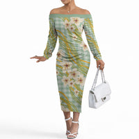 Liko Kukui Hawai'i Palaka Plumeria Off The Shoulder Long Sleeve Dress Puakenikeni and Maile Lei
