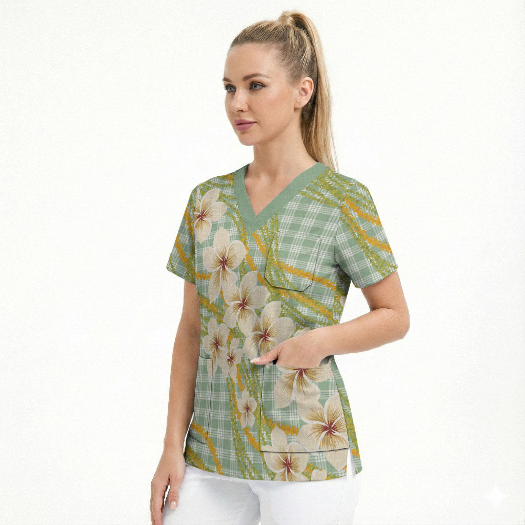 Liko Kukui Hawai'i Palaka Plumeria Scrub Top Puakenikeni and Maile Lei