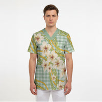 Liko Kukui Hawai'i Palaka Plumeria Scrub Top Puakenikeni and Maile Lei