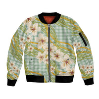 Liko Kukui Hawai'i Palaka Plumeria Sleeve Zip Bomber Jacket Puakenikeni and Maile Lei