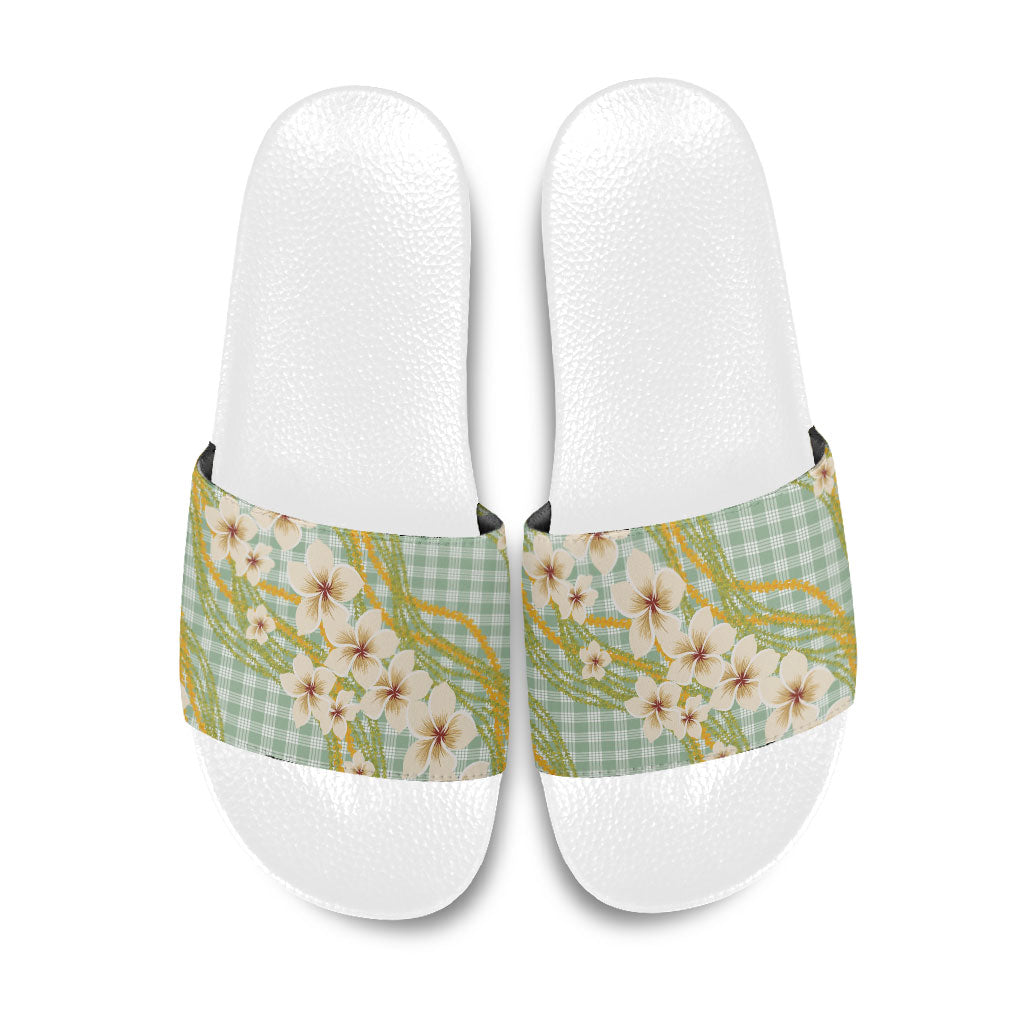 Liko Kukui Hawai'i Palaka Plumeria Slide Sandals Puakenikeni and Maile Lei