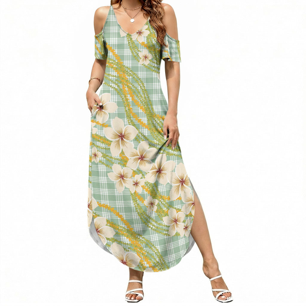 Liko Kukui Hawai'i Palaka Plumeria Summer Maxi Dress Puakenikeni and Maile Lei