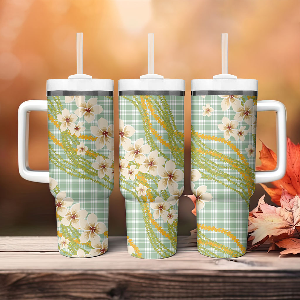 Liko Kukui Hawai'i Palaka Plumeria Tumbler With Handle Puakenikeni and Maile Lei