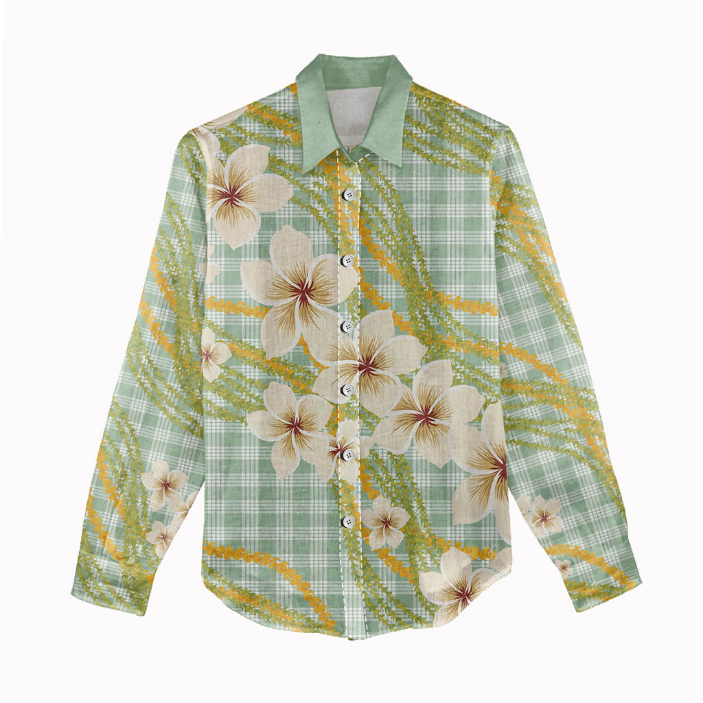 Liko Kukui Hawai'i Palaka Plumeria Women Casual Shirt Puakenikeni and Maile Lei