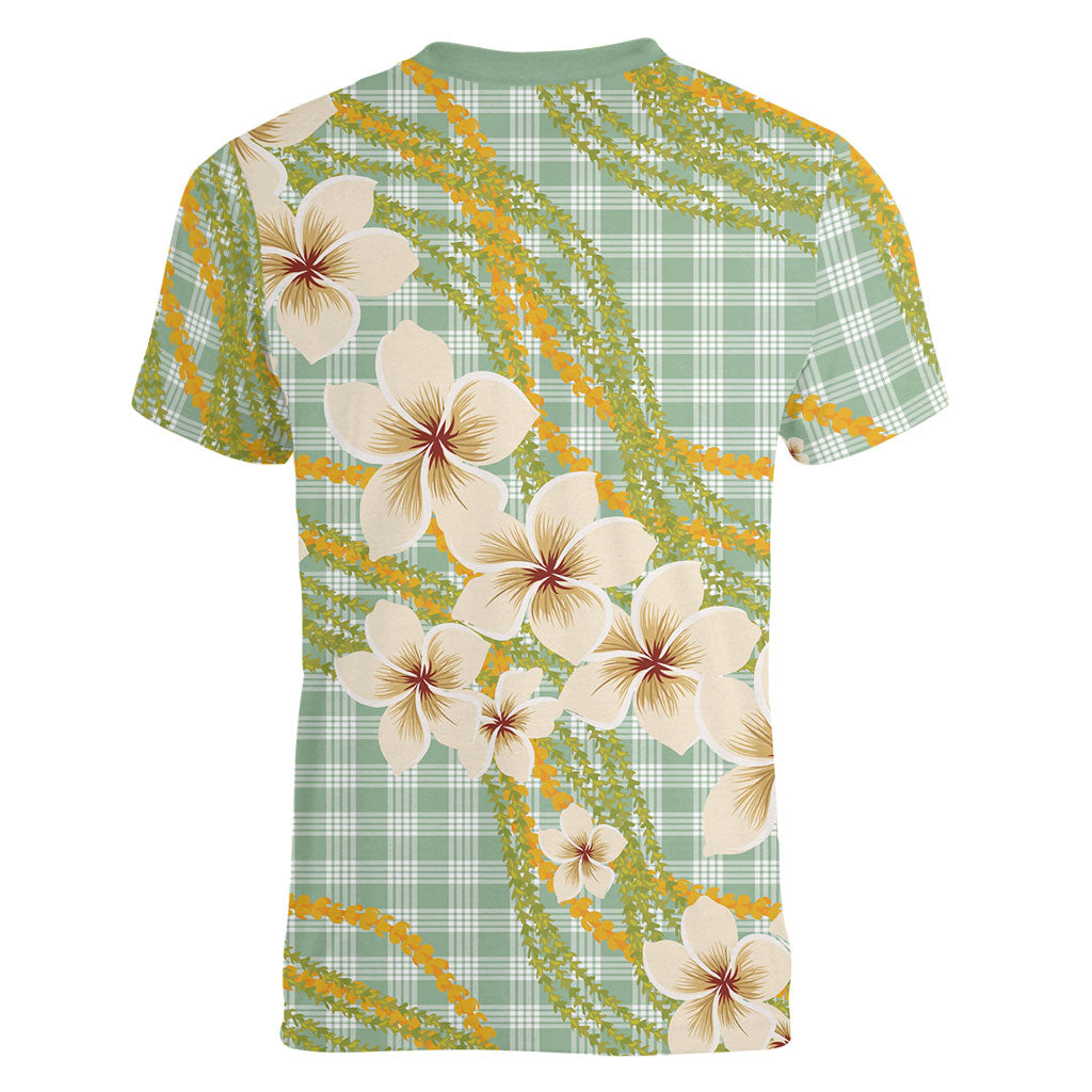 Liko Kukui Hawai'i Palaka Plumeria Women V-Neck T-Shirt Puakenikeni and Maile Lei