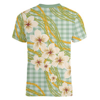 Liko Kukui Hawai'i Palaka Plumeria Women V-Neck T-Shirt Puakenikeni and Maile Lei