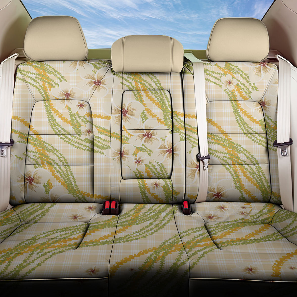 Melemele Ahiahia Hawai'i Palaka Plumeria Back Car Seat Cover Puakenikeni and Maile Lei