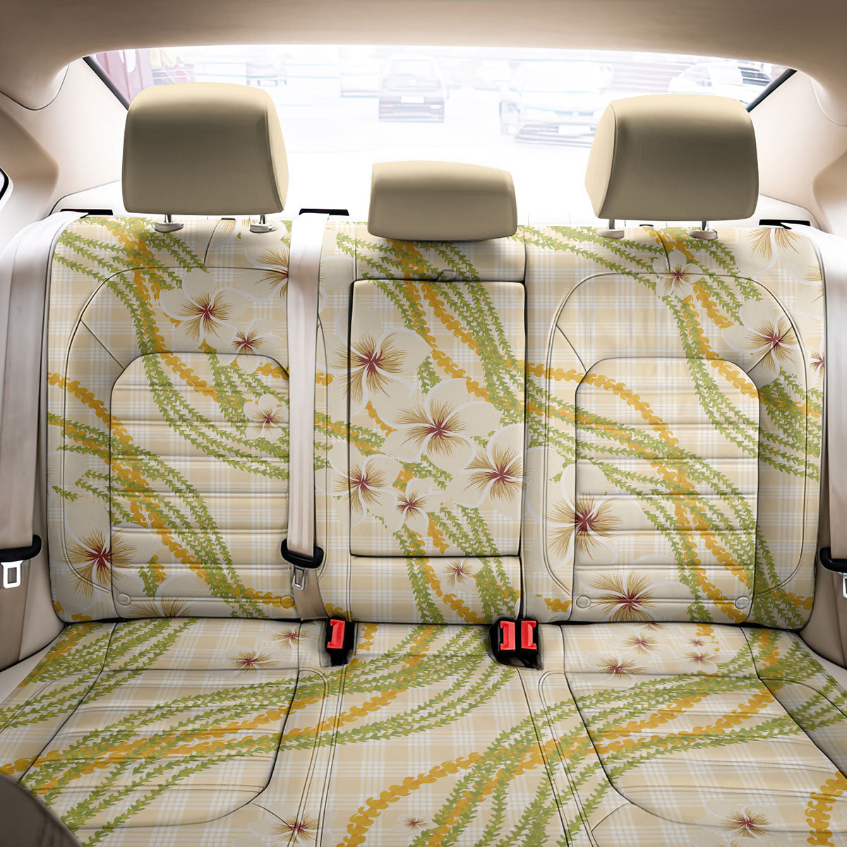 Melemele Ahiahia Hawai'i Palaka Plumeria Back Car Seat Cover Puakenikeni and Maile Lei