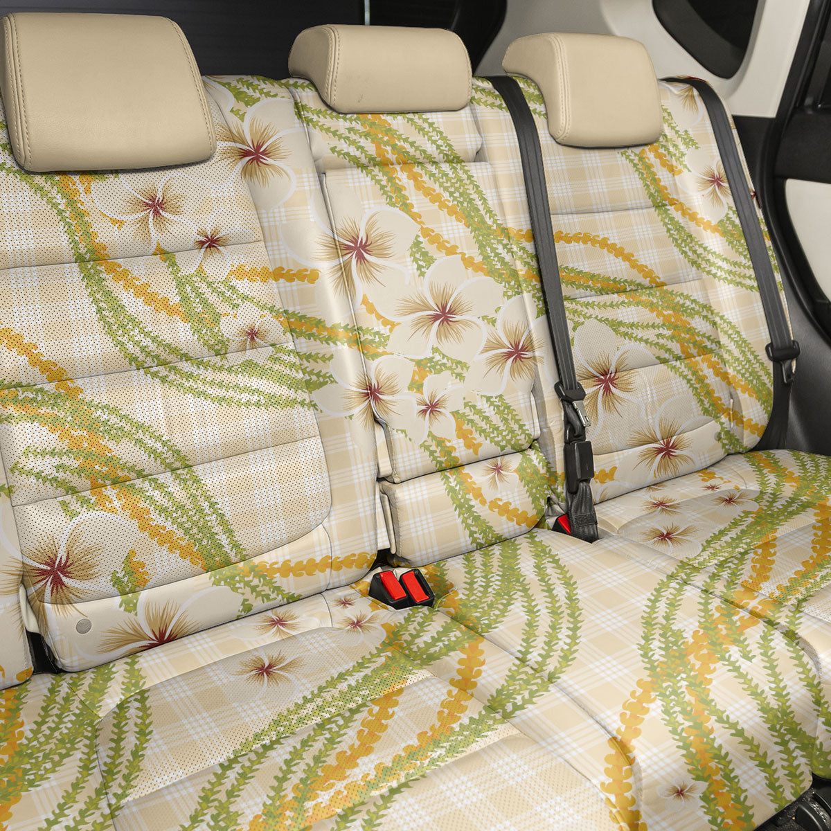 Melemele Ahiahia Hawai'i Palaka Plumeria Back Car Seat Cover Puakenikeni and Maile Lei