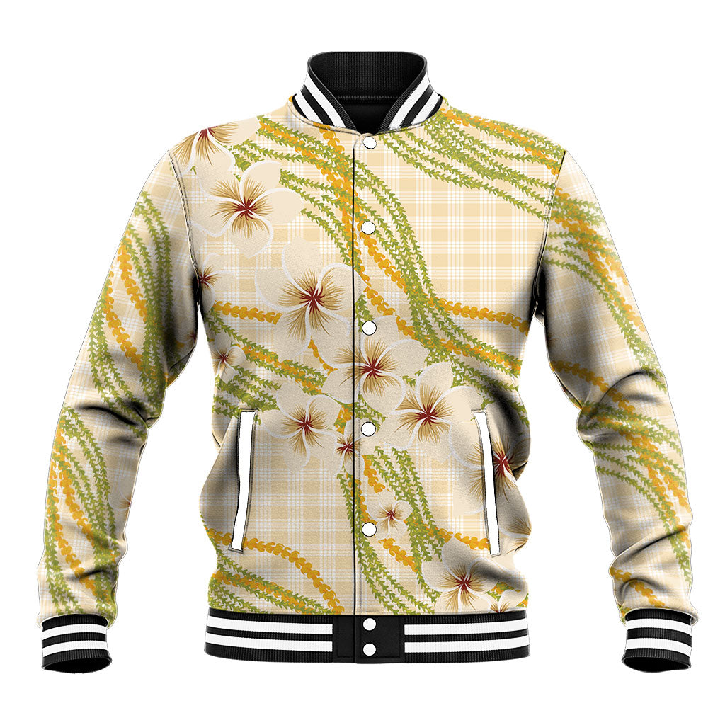 Melemele Ahiahia Hawai'i Palaka Plumeria Baseball Jacket Puakenikeni and Maile Lei