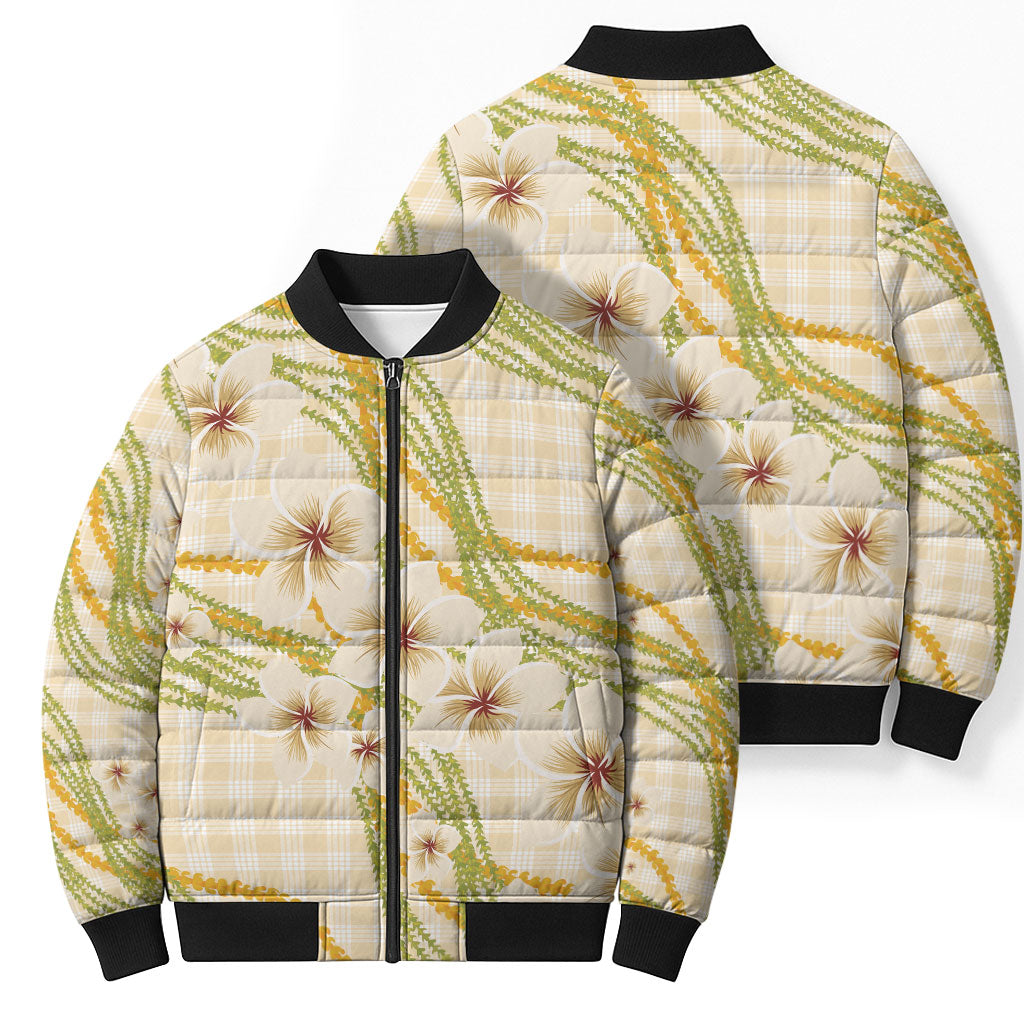Melemele Ahiahia Hawai'i Palaka Plumeria Bomber Puffer Jacket Puakenikeni and Maile Lei