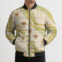 Melemele Ahiahia Hawai'i Palaka Plumeria Bomber Puffer Jacket Puakenikeni and Maile Lei