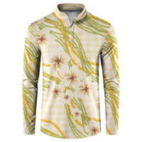 Melemele Ahiahia Hawai'i Palaka Plumeria Button Sweatshirt Puakenikeni and Maile Lei