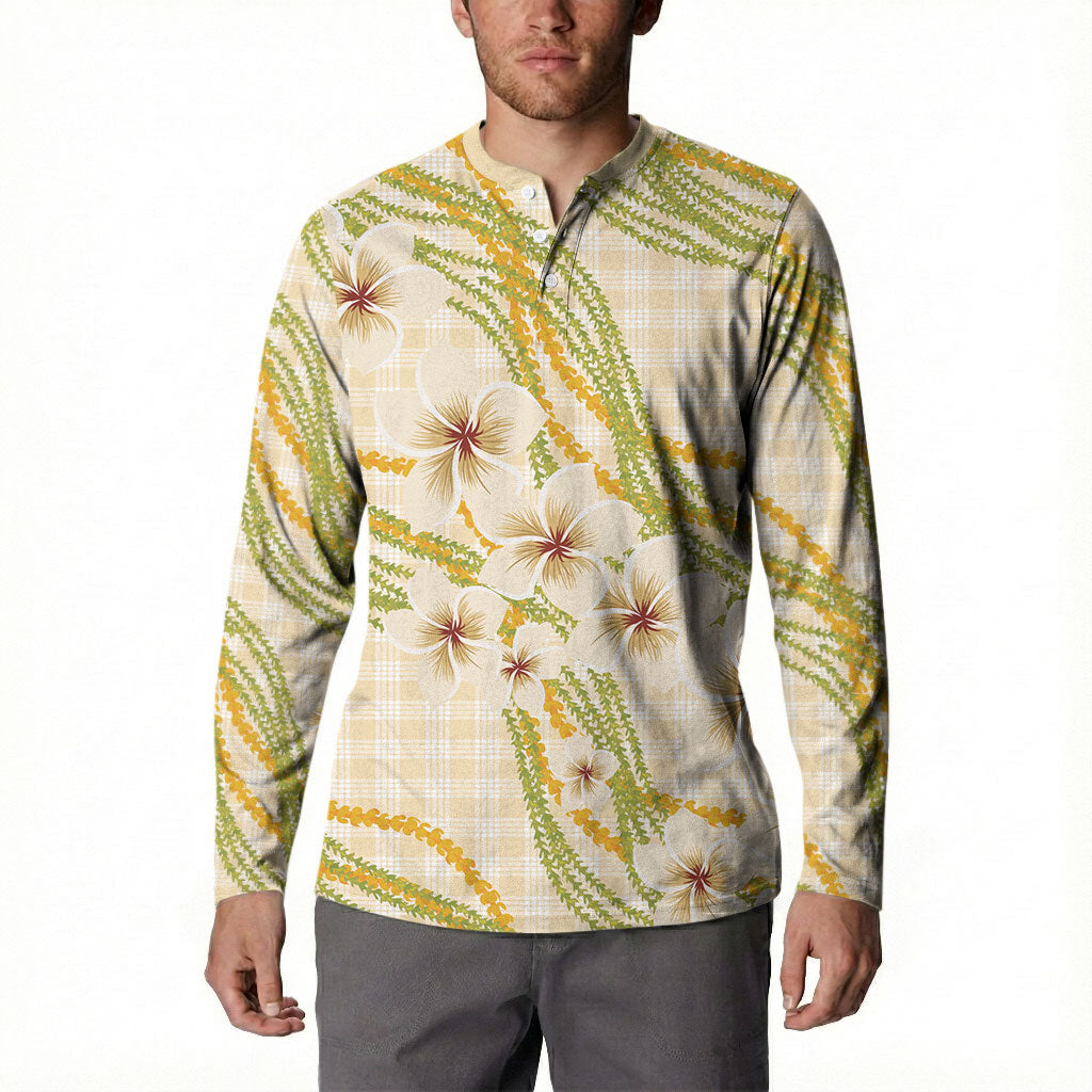 Melemele Ahiahia Hawai'i Palaka Plumeria Button Sweatshirt Puakenikeni and Maile Lei