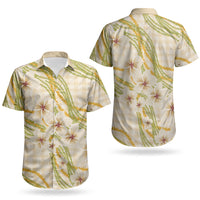 Melemele Ahiahia Hawai'i Palaka Plumeria Couples Matching Long Sleeve Bodycon Dress and Hawaiian Shirt Puakenikeni and Maile Lei