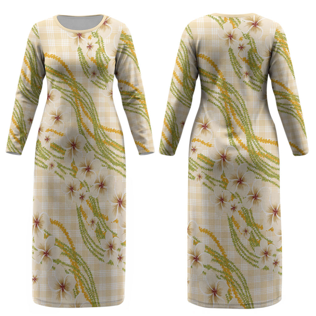 Melemele Ahiahia Hawai'i Palaka Plumeria Couples Matching Long Sleeve Bodycon Dress and Hawaiian Shirt Puakenikeni and Maile Lei