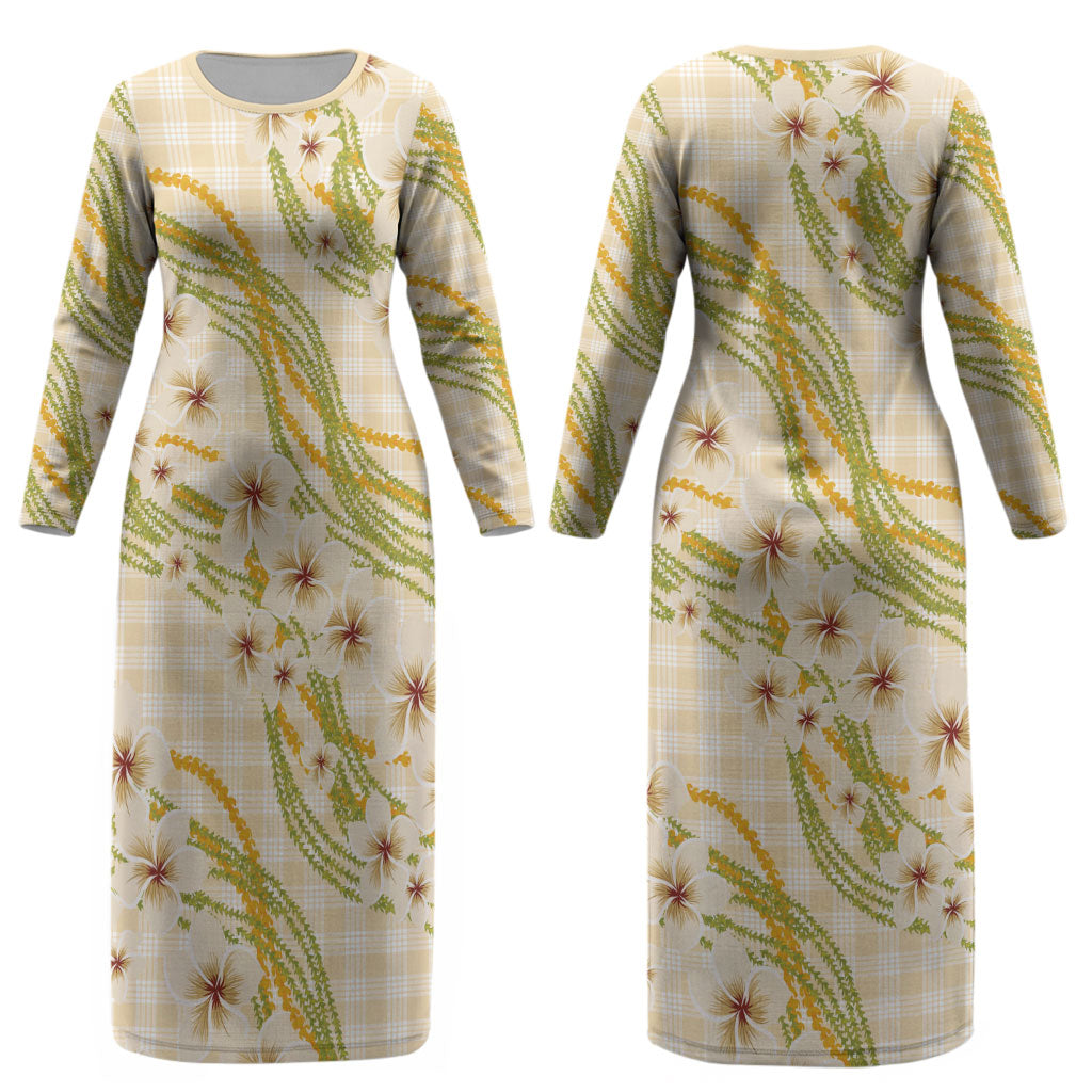 Melemele Ahiahia Hawai'i Palaka Plumeria Couples Matching Long Sleeve Bodycon Dress and Long Sleeve Button Shirt Puakenikeni and Maile Lei