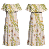Melemele Ahiahia Hawai'i Palaka Plumeria Couples Matching Off Shoulder Maxi Dress and Hawaiian Shirt Puakenikeni and Maile Lei