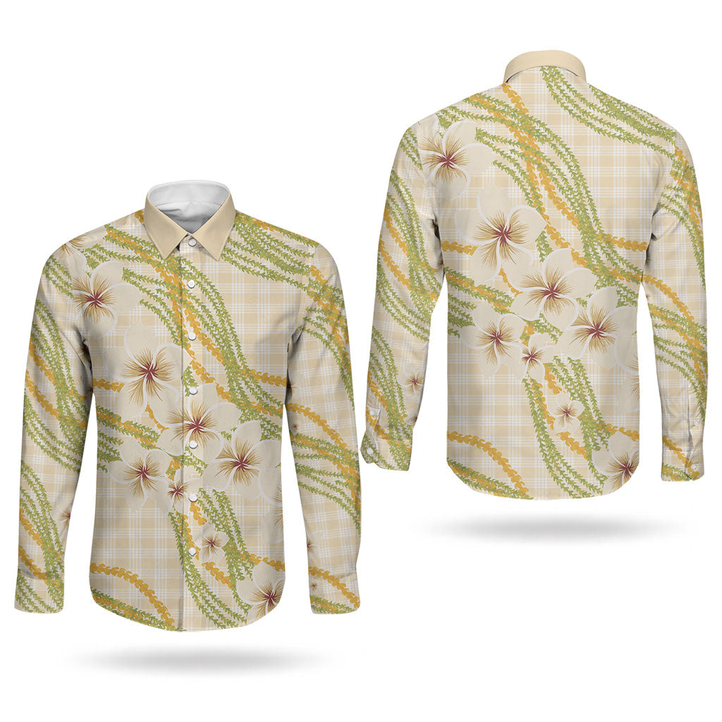 Melemele Ahiahia Hawai'i Palaka Plumeria Couples Matching Off Shoulder Maxi Dress and Long Sleeve Button Shirt Puakenikeni and Maile Lei