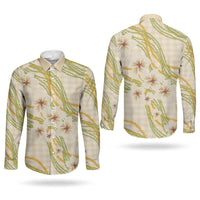 Melemele Ahiahia Hawai'i Palaka Plumeria Couples Matching Off Shoulder Maxi Dress and Long Sleeve Button Shirt Puakenikeni and Maile Lei