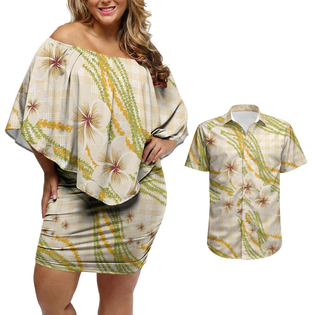 Melemele Ahiahia Hawai'i Palaka Plumeria Couples Matching Off Shoulder Short Dress and Hawaiian Shirt Puakenikeni and Maile Lei LT9 Pastel Yellow - Polynesian Pride