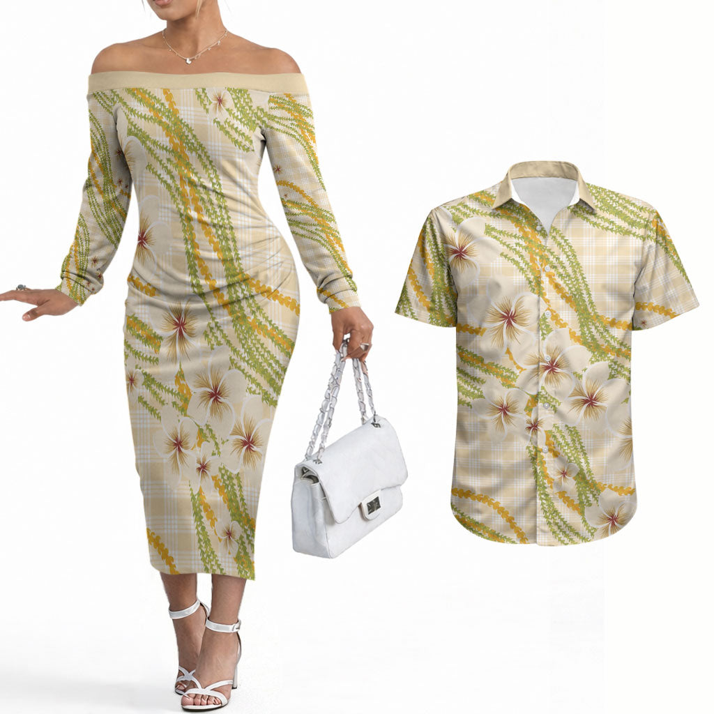 Melemele Ahiahia Hawai'i Palaka Plumeria Couples Matching Off The Shoulder Long Sleeve Dress and Hawaiian Shirt Puakenikeni and Maile Lei