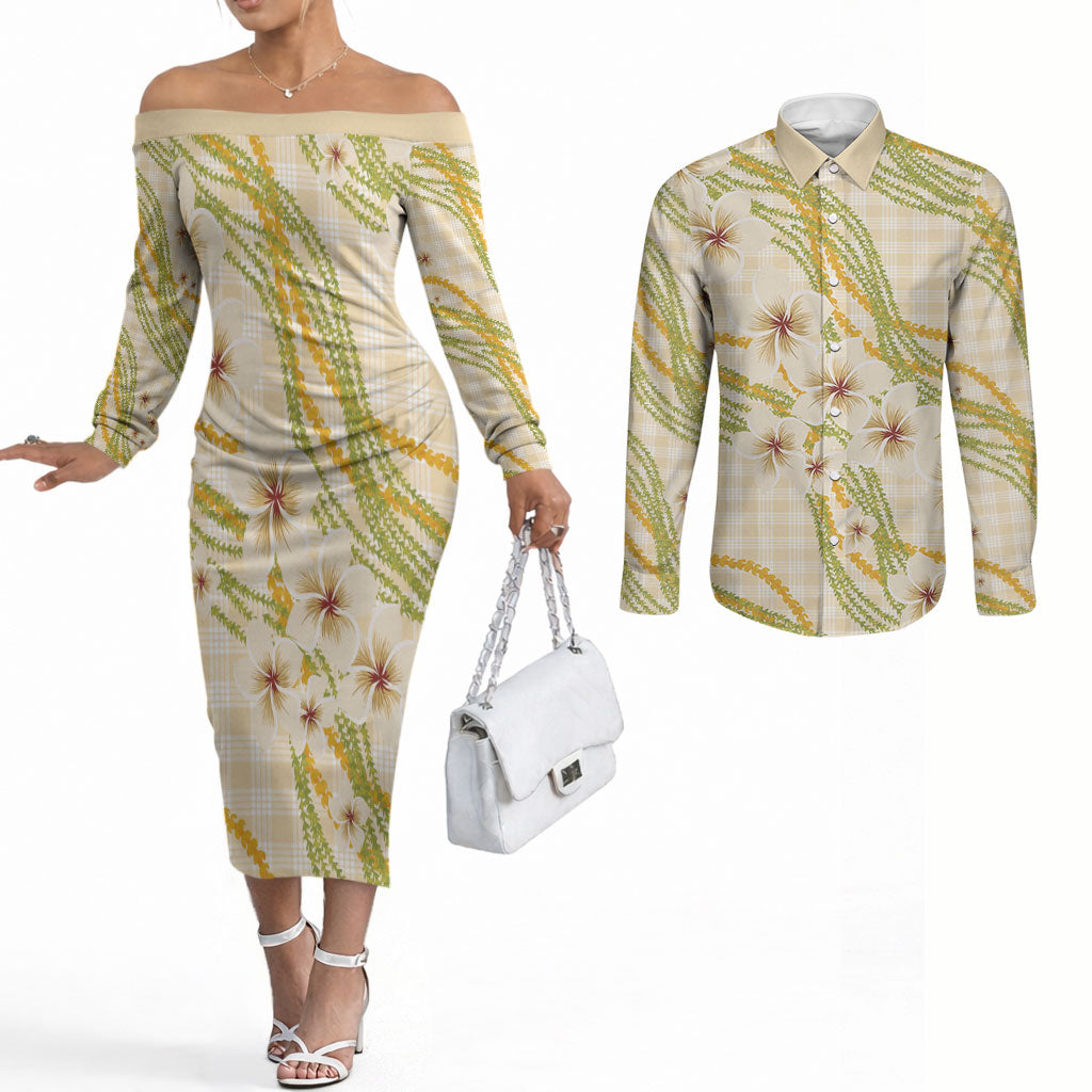 Melemele Ahiahia Hawai'i Palaka Plumeria Couples Matching Off The Shoulder Long Sleeve Dress and Long Sleeve Button Shirt Puakenikeni and Maile Lei